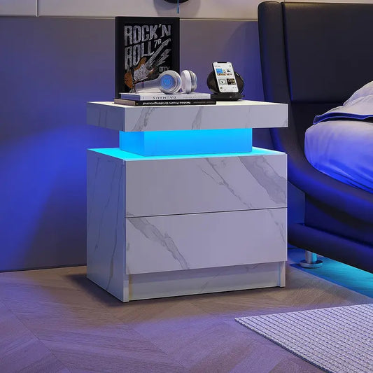 "Modern LED Bedside Sofa Table with 2 Drawers - Perfect for Bedroom and Living Room Decor!"