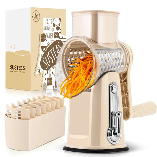 Mother'S Day SUSTEAS Beige Rotary Cheese Grater with Handle - Easy Vegetable Slicing with 5 Blades, Powerful Suction Base, round Mandolin Slicer - Cheese Grater Rotary for Kitchen Essential, Comes with Blade Storage Box Utensils