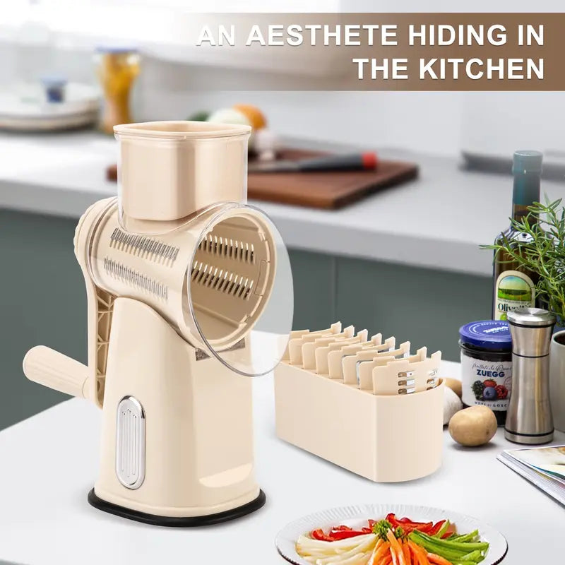 Mother'S Day SUSTEAS Beige Rotary Cheese Grater with Handle - Easy Vegetable Slicing with 5 Blades, Powerful Suction Base, round Mandolin Slicer - Cheese Grater Rotary for Kitchen Essential, Comes with Blade Storage Box Utensils