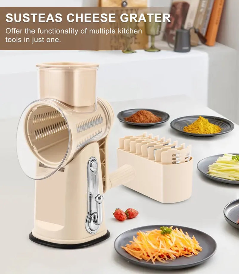 Mother'S Day SUSTEAS Beige Rotary Cheese Grater with Handle - Easy Vegetable Slicing with 5 Blades, Powerful Suction Base, round Mandolin Slicer - Cheese Grater Rotary for Kitchen Essential, Comes with Blade Storage Box Utensils