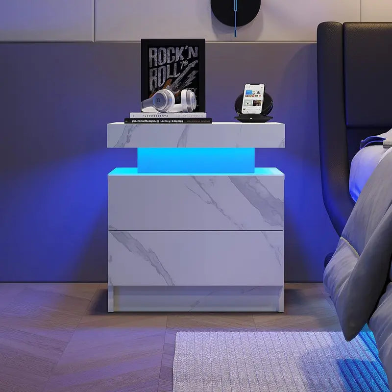 "Modern LED Bedside Sofa Table with 2 Drawers - Perfect for Bedroom and Living Room Decor!"