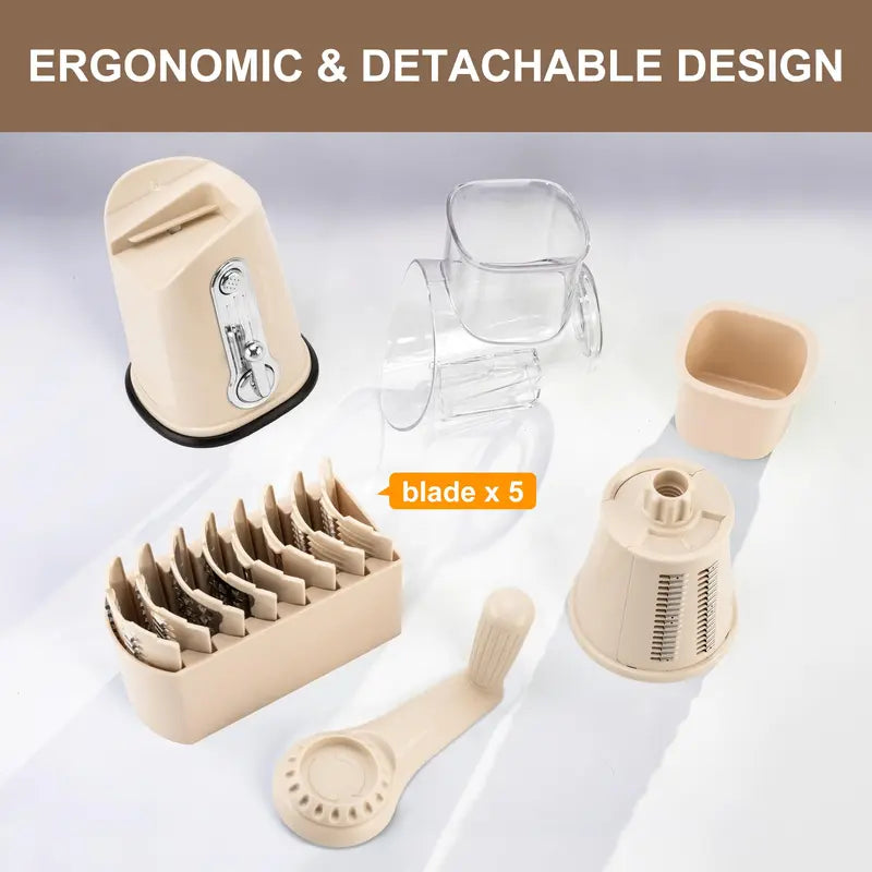 Mother'S Day SUSTEAS Beige Rotary Cheese Grater with Handle - Easy Vegetable Slicing with 5 Blades, Powerful Suction Base, round Mandolin Slicer - Cheese Grater Rotary for Kitchen Essential, Comes with Blade Storage Box Utensils