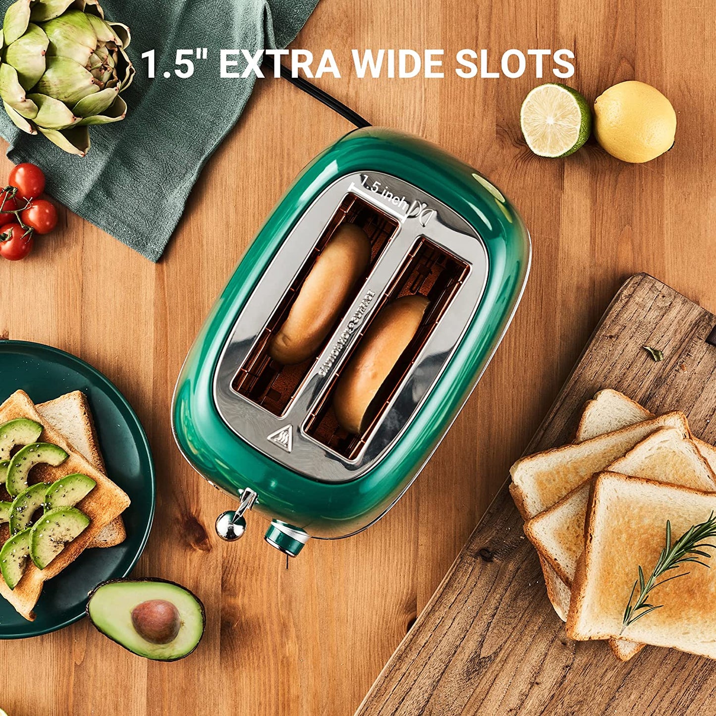 2 Slice Retro Stainless Steel Toaster with Bagel, Cancel, Defrost Function and 6 Bread Shade Settings, Extra Wide Slot, Removable Crumb Tray, Green, ST028.