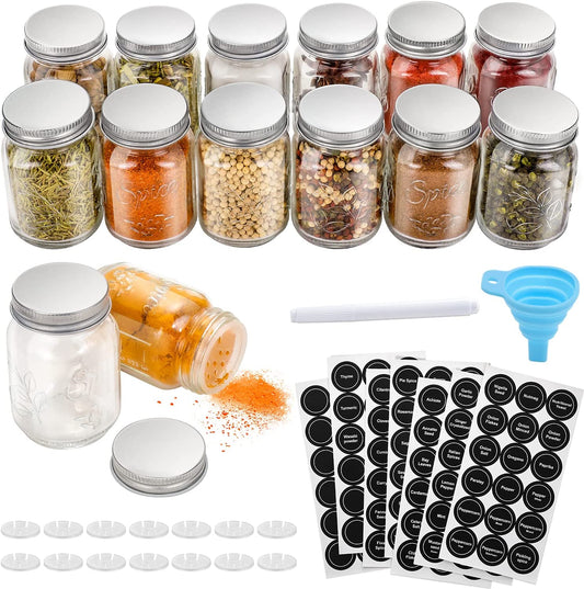 14 Pcs Glass Mason Spice Jars with Spice Labels - 4Oz Empty Spice Bottles - Shaker Lids and Airtight Metal Caps - Chalk Marker and Collapsible Funnel Included- for Herbs & Spices, Jelly, DIY & Crafts