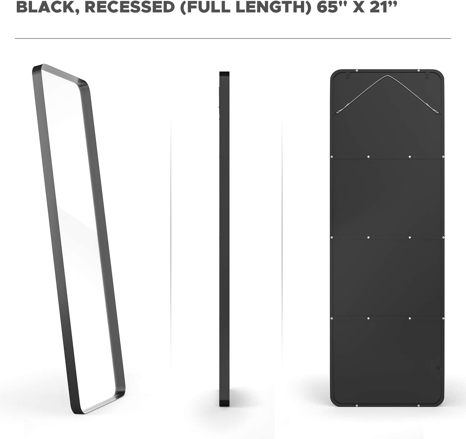 Full-Length Body Mirror - Large Leaning Floor Mirror for Bedroom or Bathroom - Tall, Long Size, Stylishly Modern Design - Easy to Install, Wall Hardware Included (Black, Recessed