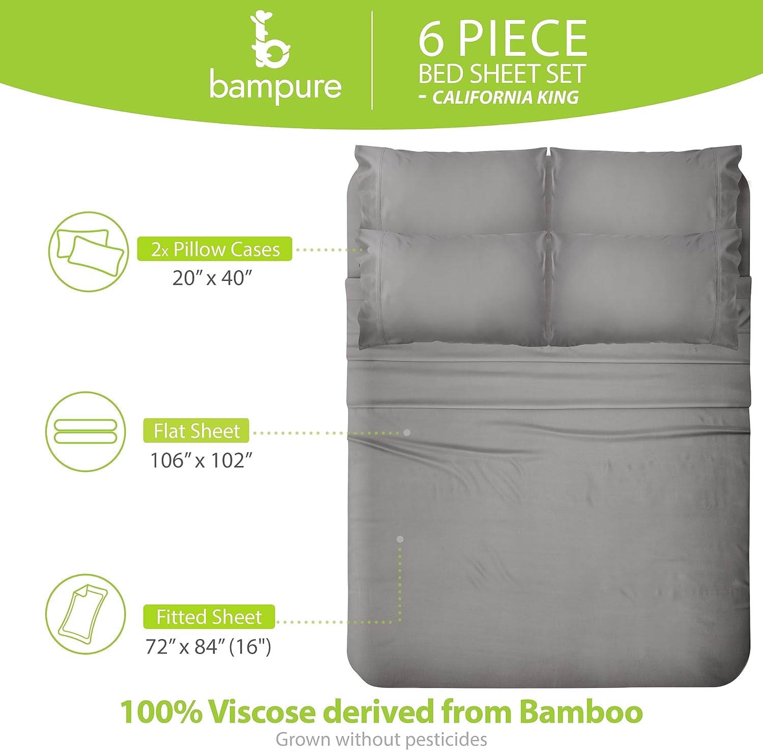 100% Viscose from Bamboo Sheets California King - 6PC Set - Super Soft Cooling Sheets - up to 16’’ Deep Pocket - Luxury Series -1 Flat Sheet,1 Fitted Sheet,4 Pillowcases (Stonegrey)