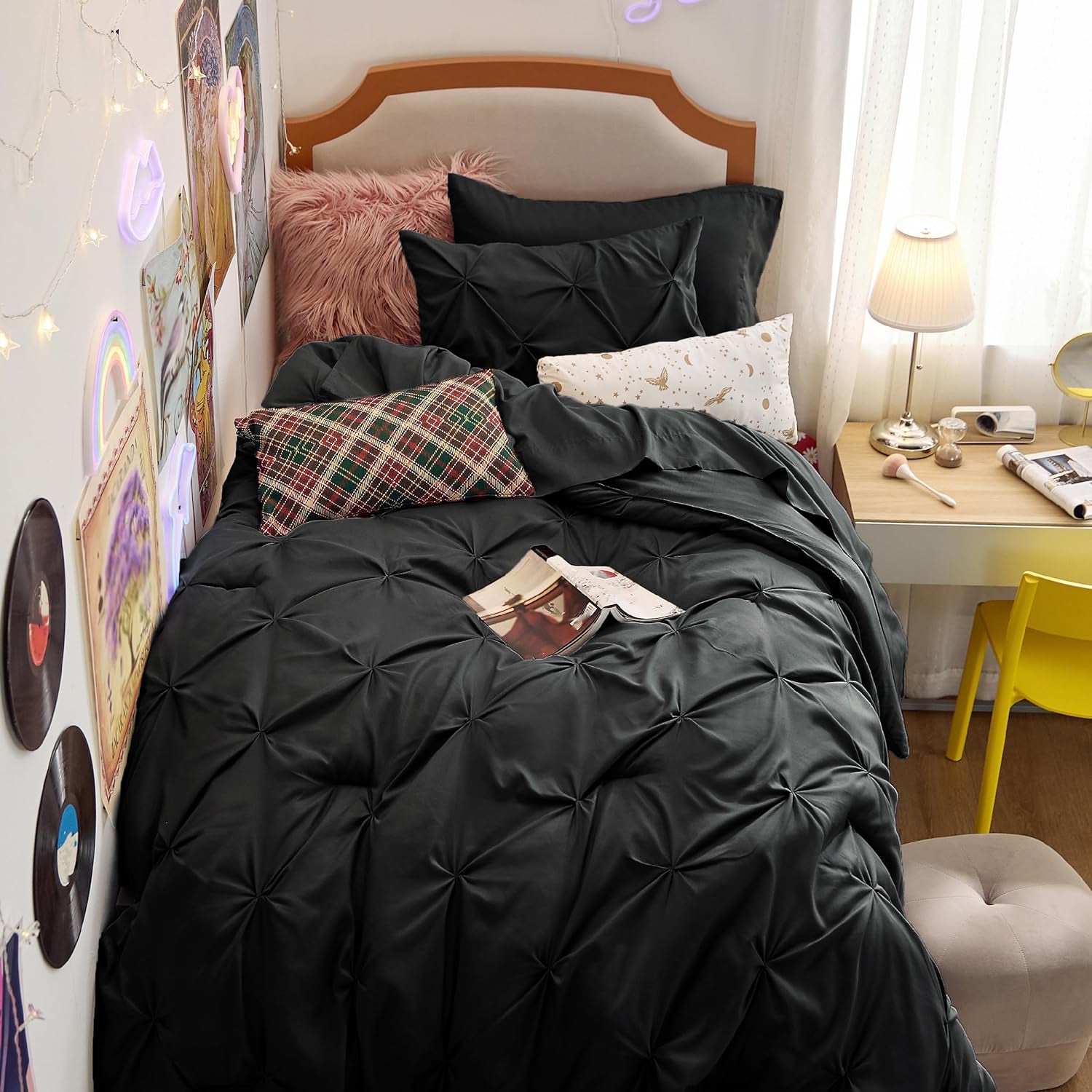 Black Twin Comforter Set with Sheets - 5 Pieces Twin Bedding Sets, Pinch Pleat Twin Bed in a Bag with Comforter, Sheets, Pillowcase & Sham