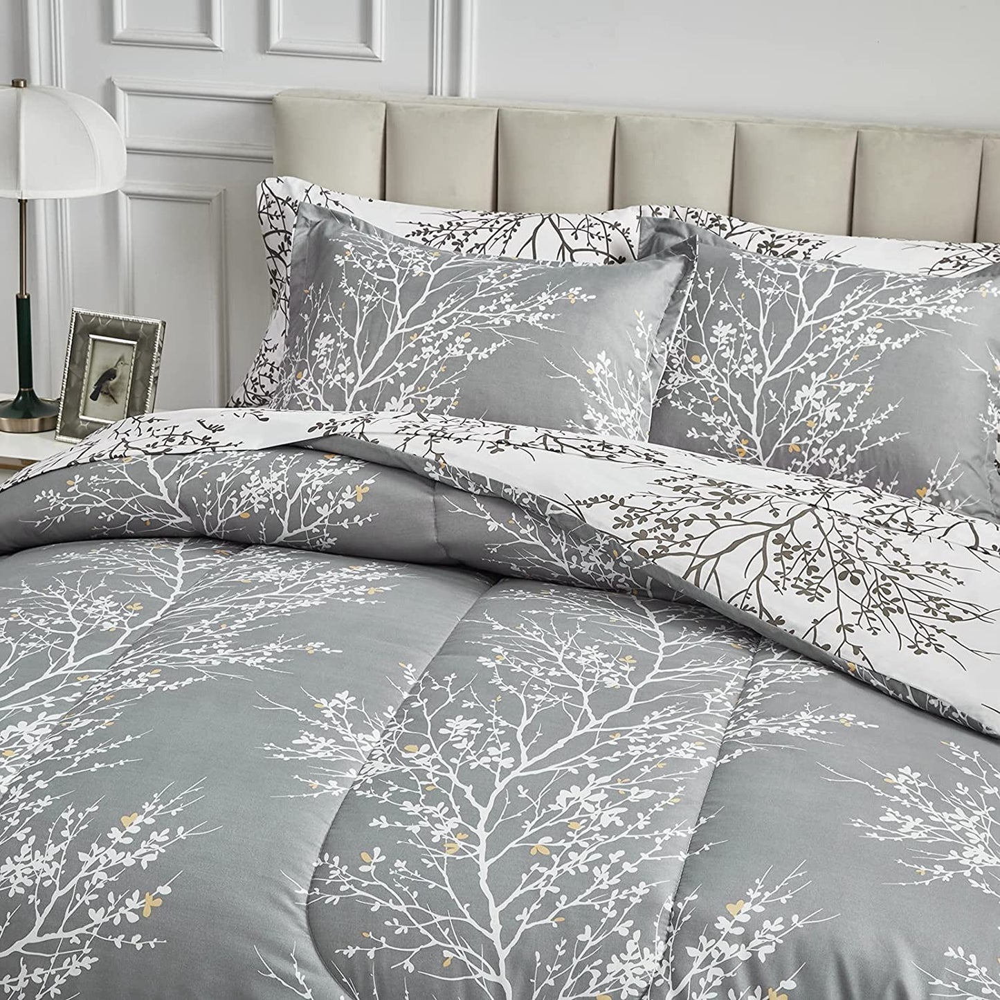 Bed in a Bag 7 Pieces Queen Size Gray Branches with Yellow Dots - Soft Microfiber Reversible Bed Comforter Set (1 Comforter 2 Pillow Shams 1 Flat Sheet 1 Fitted Sheet 2 Pillowcases)