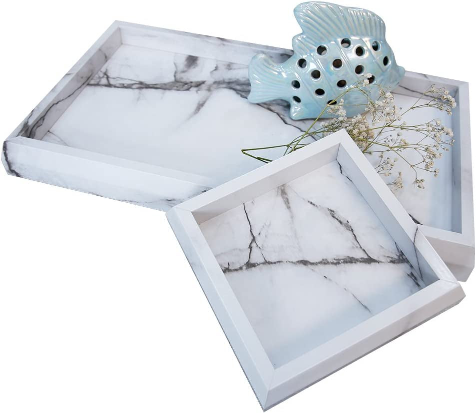 2 Pcs Marble Print Vanity Tray Set for Women, Marble Decor Catchall Tray for Entry, Faux Marble Perfume Tray Candle Tray, Cosmetics Storage, Jewelry Organizer (Wooden, Marble White)