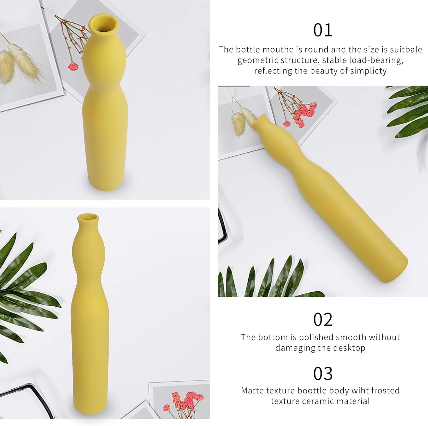 12.6 Inch Yellow Ceramic Vase, Tall Floor Vases with Narrow Neck, Geometric Thin Flower Vase for Bookshelf, Mantle, Entryway Decor [Pampas Not Included]