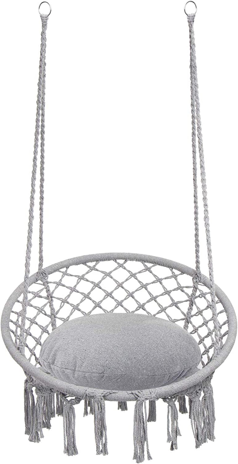 Hammock Chair Macrame Swing, Max 330 Lbs, Hanging Cotton Rope Hammock Swing Chair for Indoor and Outdoor Use, Light Grey