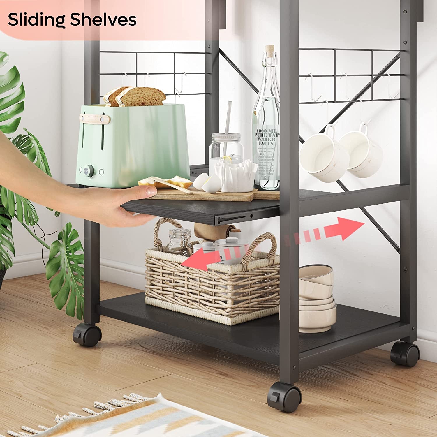 Kitchen Bakers Rack Microwave Stand Kitchen Cart on Wheels Utility Storage Shelf with 10 Side Hooks Kitchen Organizer Shelves with Adjustable Feet