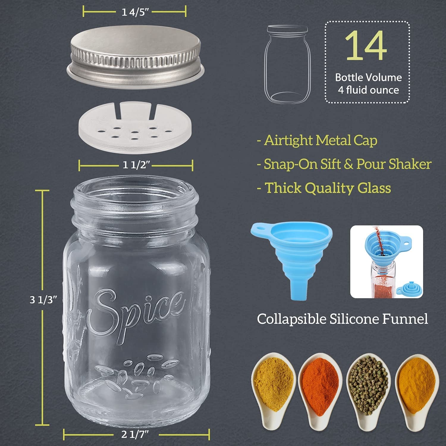 14 Pcs Glass Mason Spice Jars with Spice Labels - 4Oz Empty Spice Bottles - Shaker Lids and Airtight Metal Caps - Chalk Marker and Collapsible Funnel Included- for Herbs & Spices, Jelly, DIY & Crafts