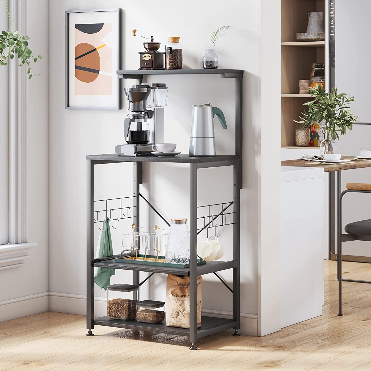 Kitchen Bakers Rack Microwave Stand Kitchen Cart on Wheels Utility Storage Shelf with 10 Side Hooks Kitchen Organizer Shelves with Adjustable Feet