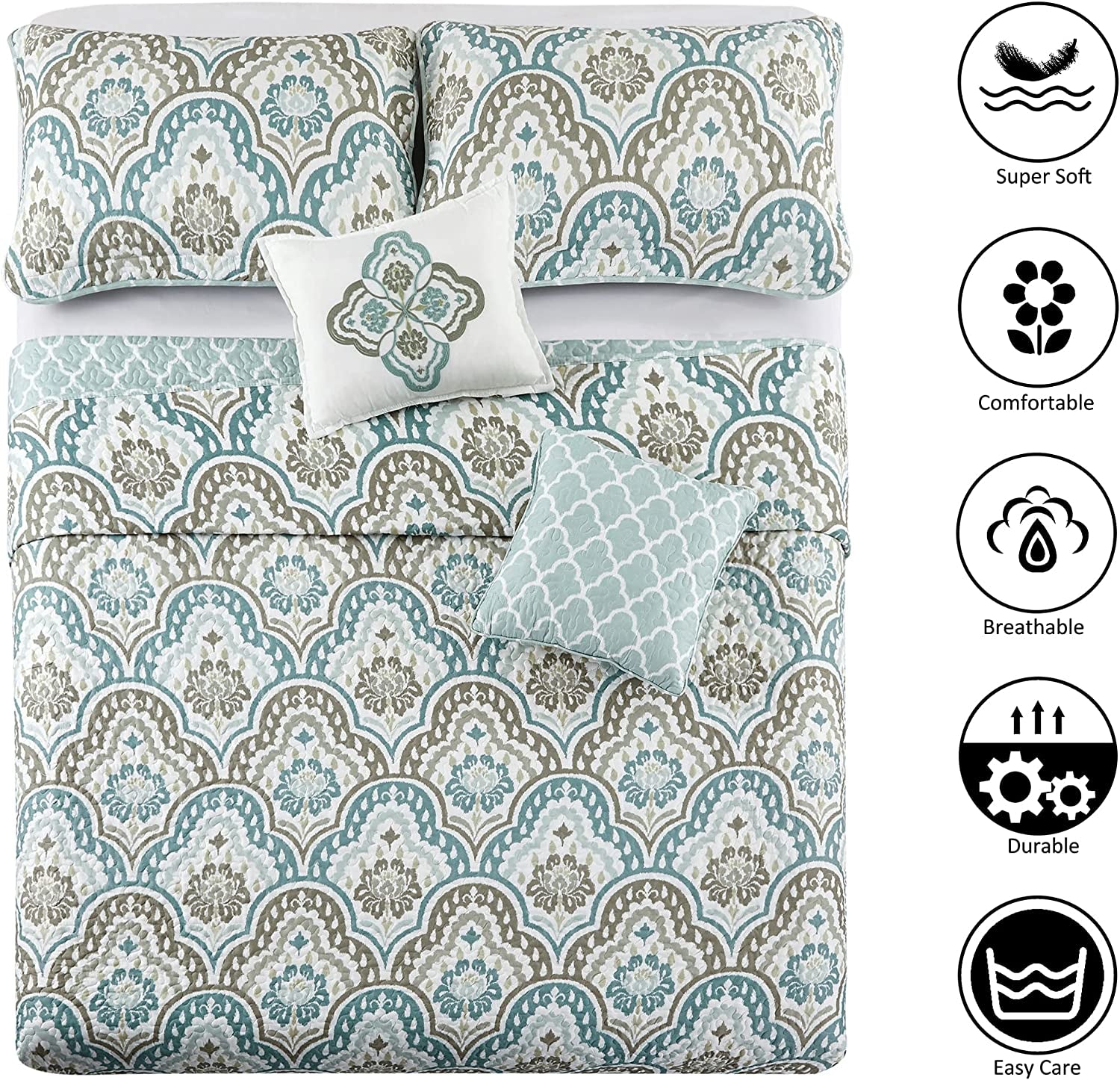 Tivoli Ikat Queen Size 90" X 90" 5 Piece Teal Aqua Printed Prewashed Quilted Coverlet Bedspread Bed Cover Set for All Season, Lightweight Quilt Blanket with Matching Shams Pillows