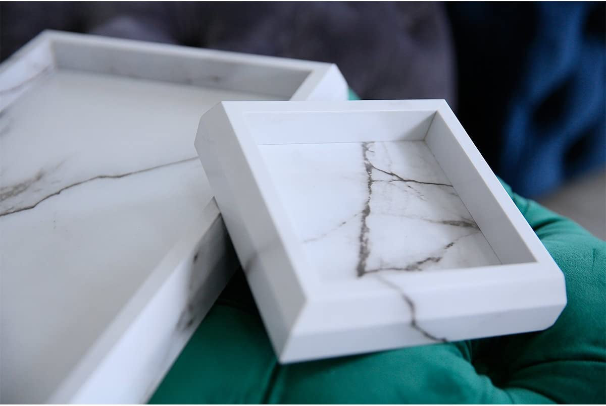 2 Pcs Marble Print Vanity Tray Set for Women, Marble Decor Catchall Tray for Entry, Faux Marble Perfume Tray Candle Tray, Cosmetics Storage, Jewelry Organizer (Wooden, Marble White)