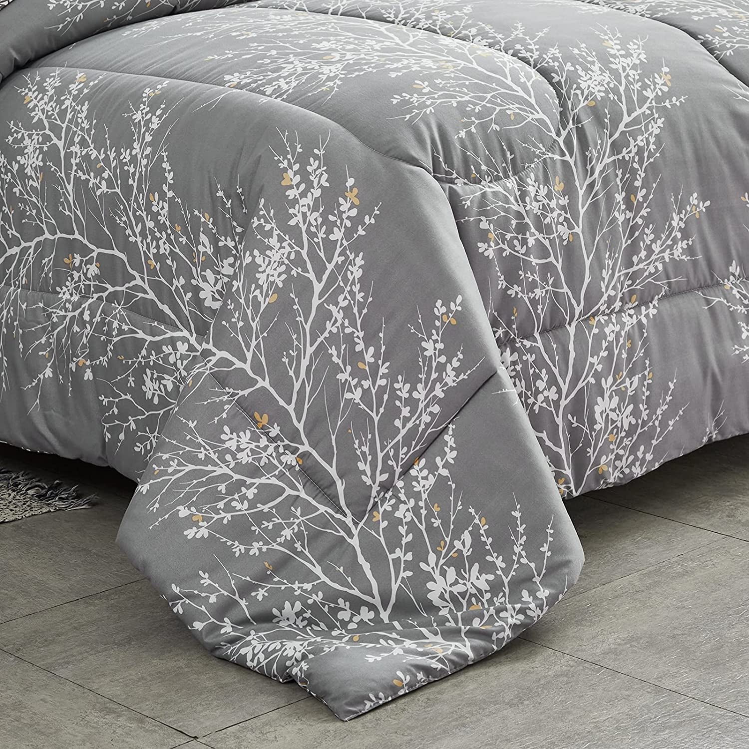Bed in a Bag 7 Pieces Queen Size Gray Branches with Yellow Dots - Soft Microfiber Reversible Bed Comforter Set (1 Comforter 2 Pillow Shams 1 Flat Sheet 1 Fitted Sheet 2 Pillowcases)