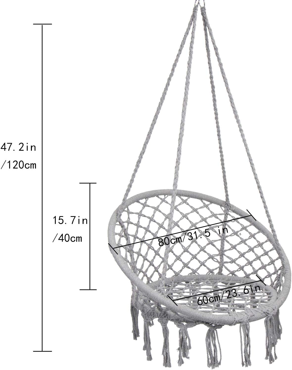 Hammock Chair Macrame Swing, Max 330 Lbs, Hanging Cotton Rope Hammock Swing Chair for Indoor and Outdoor Use, Light Grey